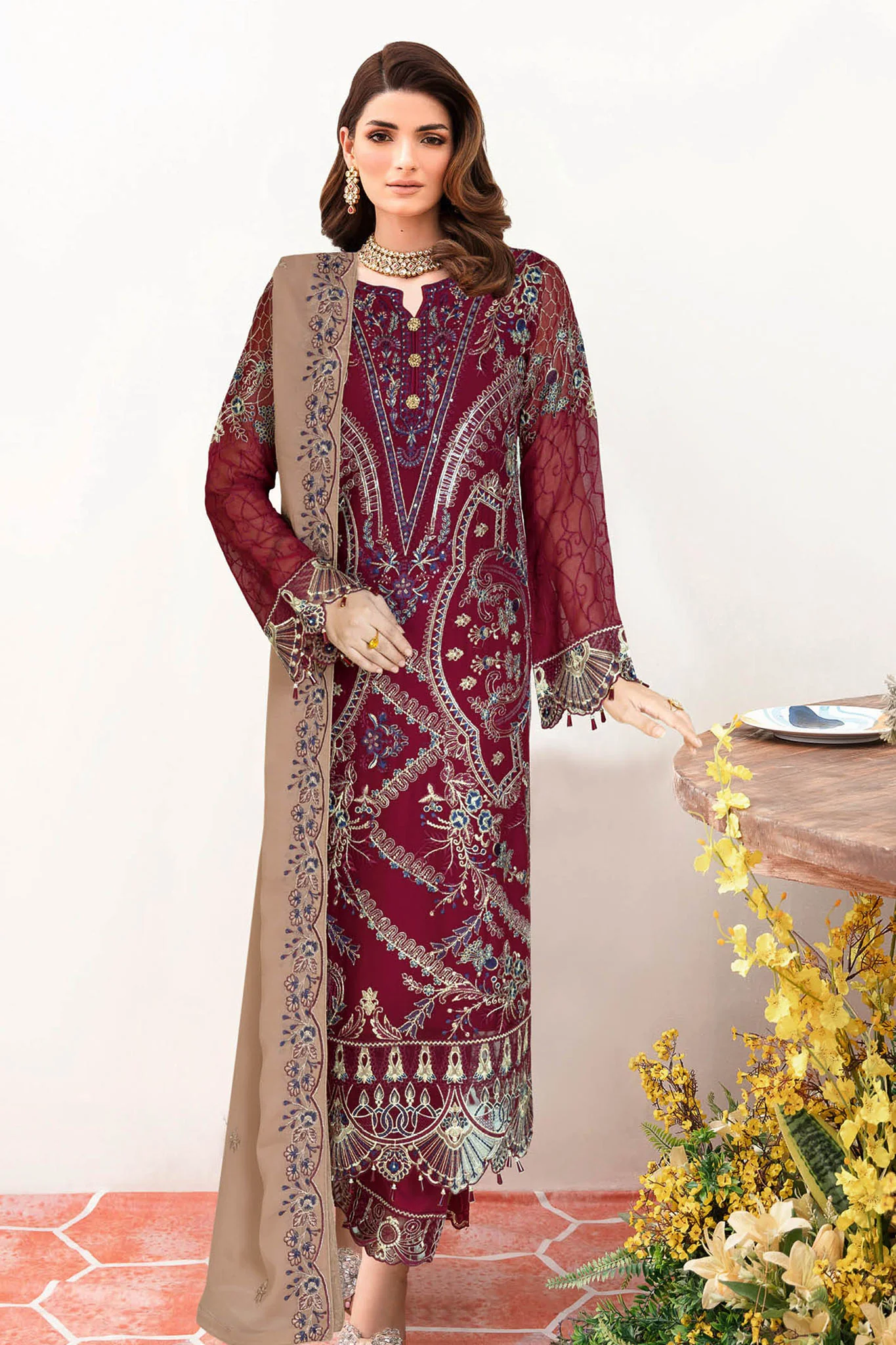 B-203 - Maroon - Unstitched 3-Piece Suit