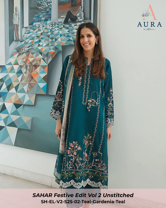 Teal Gardenia – Unstitched 3PC Set